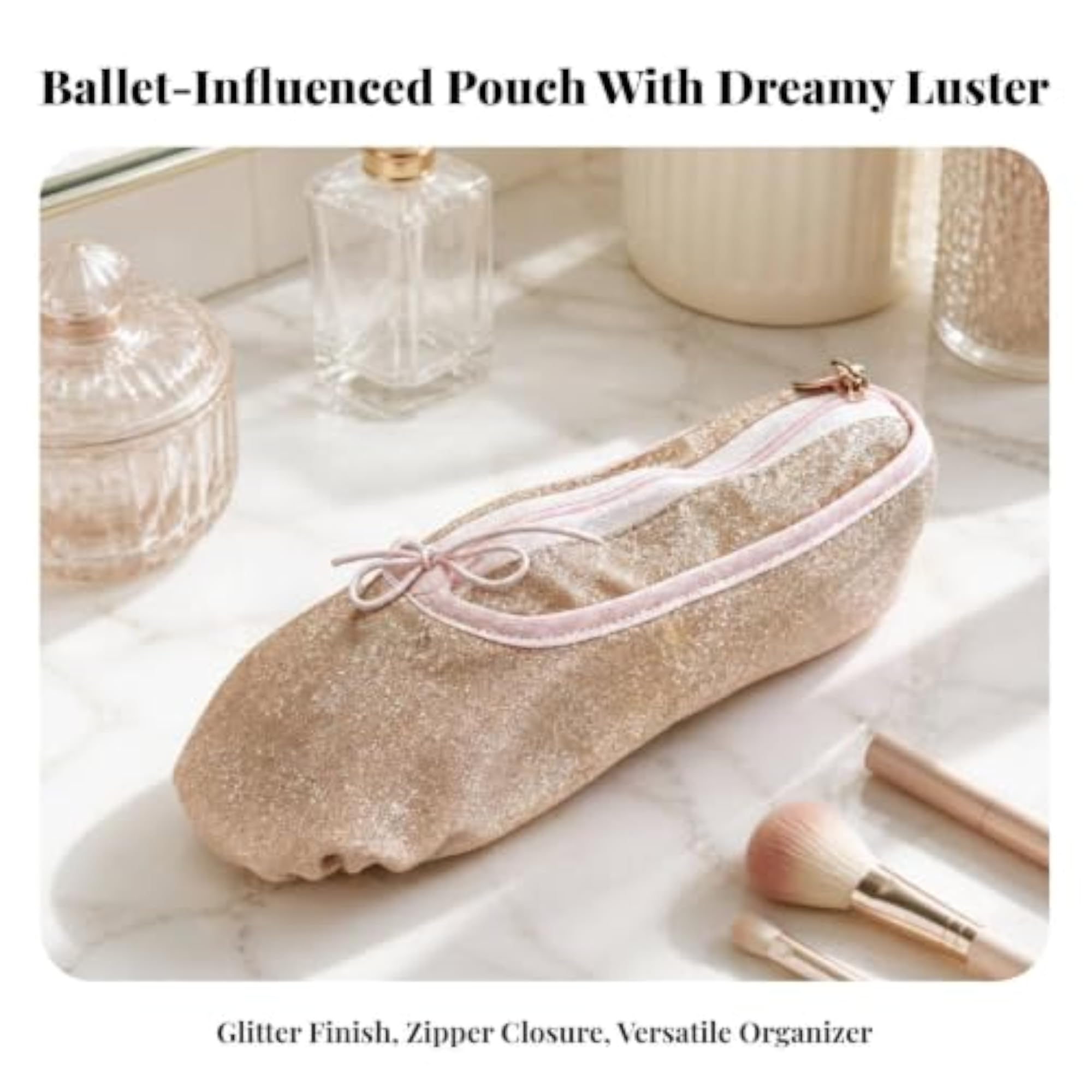 Zippered Ballet Shoe Pouch, Fine Glitter Finish, Travel Makeup Bag